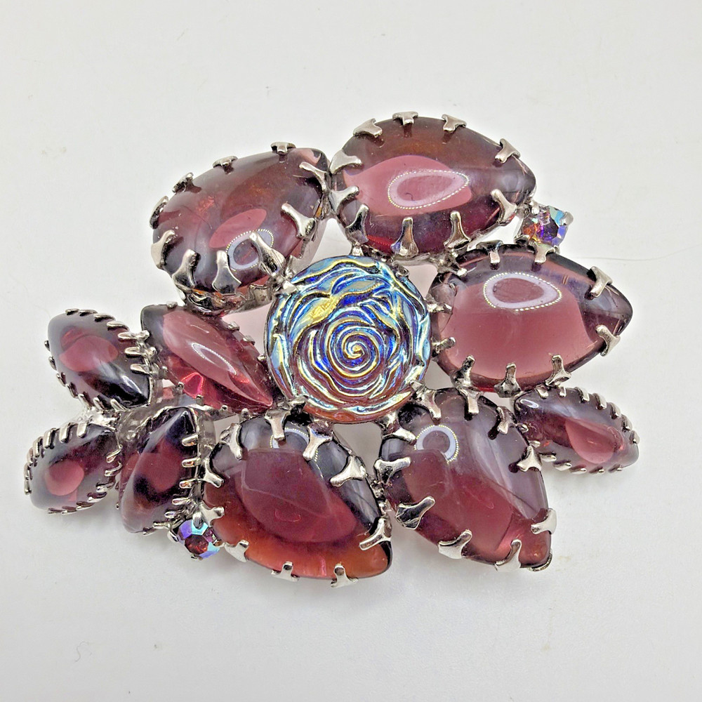 Vintage Czech Glass Rhinestone Brooch Purple Silver Toned