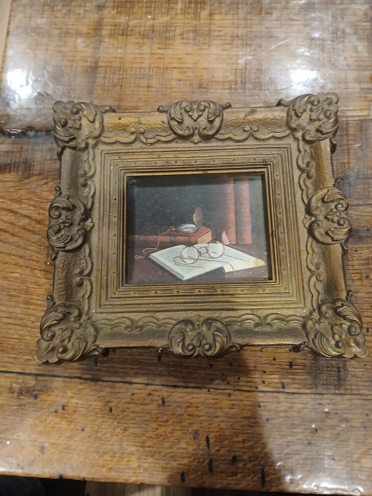 Vintage Gold Ornate Framed Still Life Print Books Spectacles Dark Academia Decor