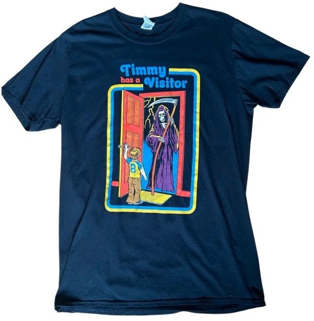 Timmy Has A Visitor T Shirt Large Horror Graphic Tee Dark Humour Print 19x31