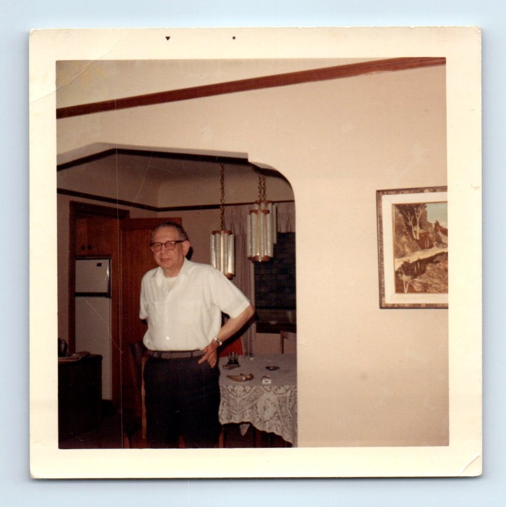 Old Vintage Square Color Photo SOLO OLDER MAN IN DINING ROOM SNAPSHOT PIC