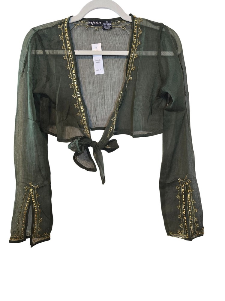 Olive Green Silk Chiffon top, cropped tie front embroidered sequins Size M New