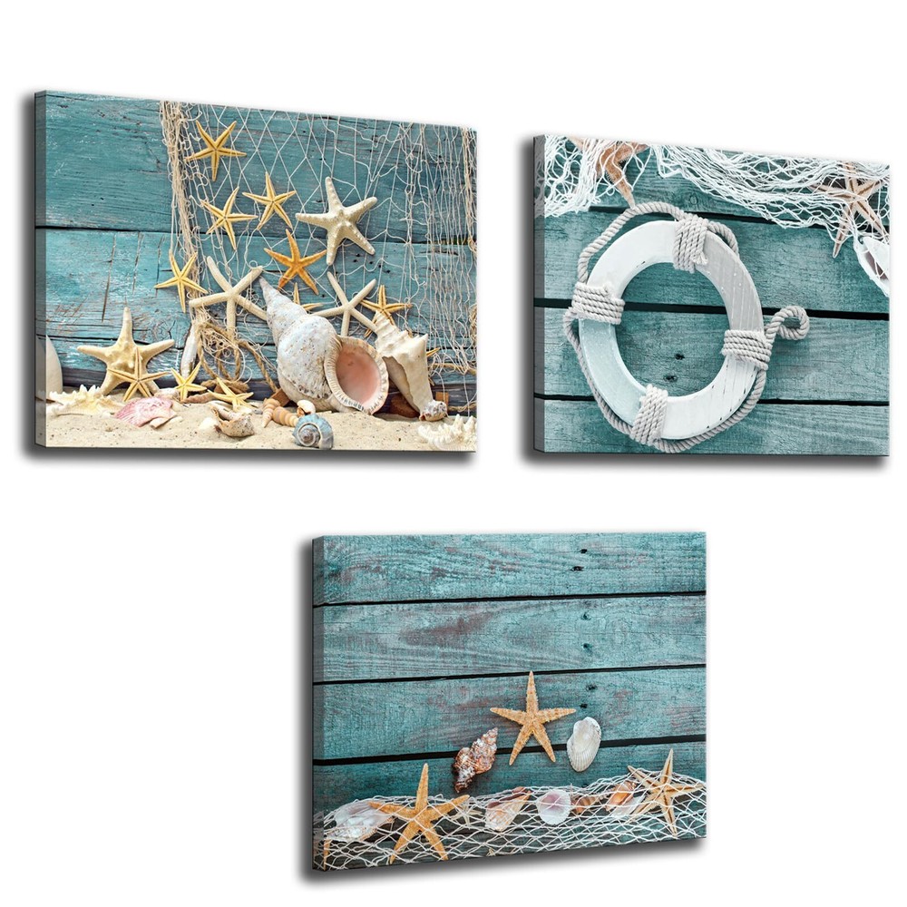 - 3 Piece Canvas Wall Art Starfish Shell on Teal Board Painting Prints Beach ...