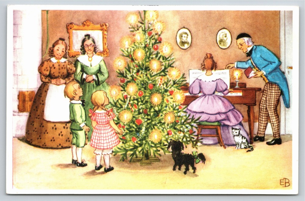 Holiday~Family @ Christmas Tree Drawing~Vintage Postcard