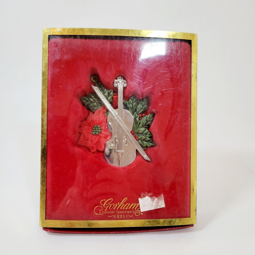 Gorham Cello Christmas Ornament With Poinsettia in Box Holly ribbon for hanging