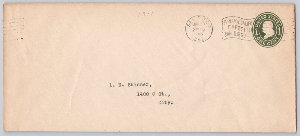 San Diego, CA, Panama-California Expo cancel, 1¢ indicia — — 1915