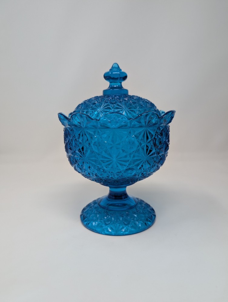 Vintage Fenton Daisy Button Cobalt Blue Compote Candy Dish with Cover  