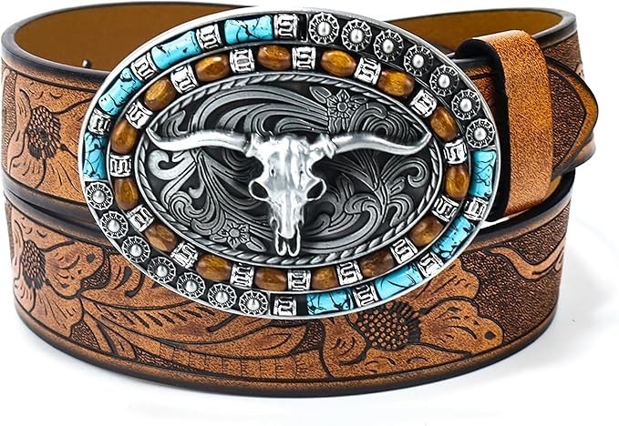 Cowboy-Leather-Belts for Women Turquoise-Oval-Buckle Embossed Cowgirl Belt