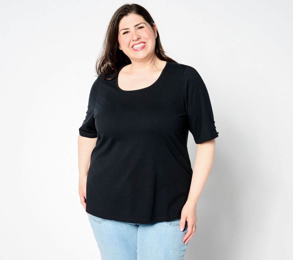 Denim & Co. Women's Top Plus Sz 1X Essentials Perfect Jersey Elbow Black A654097