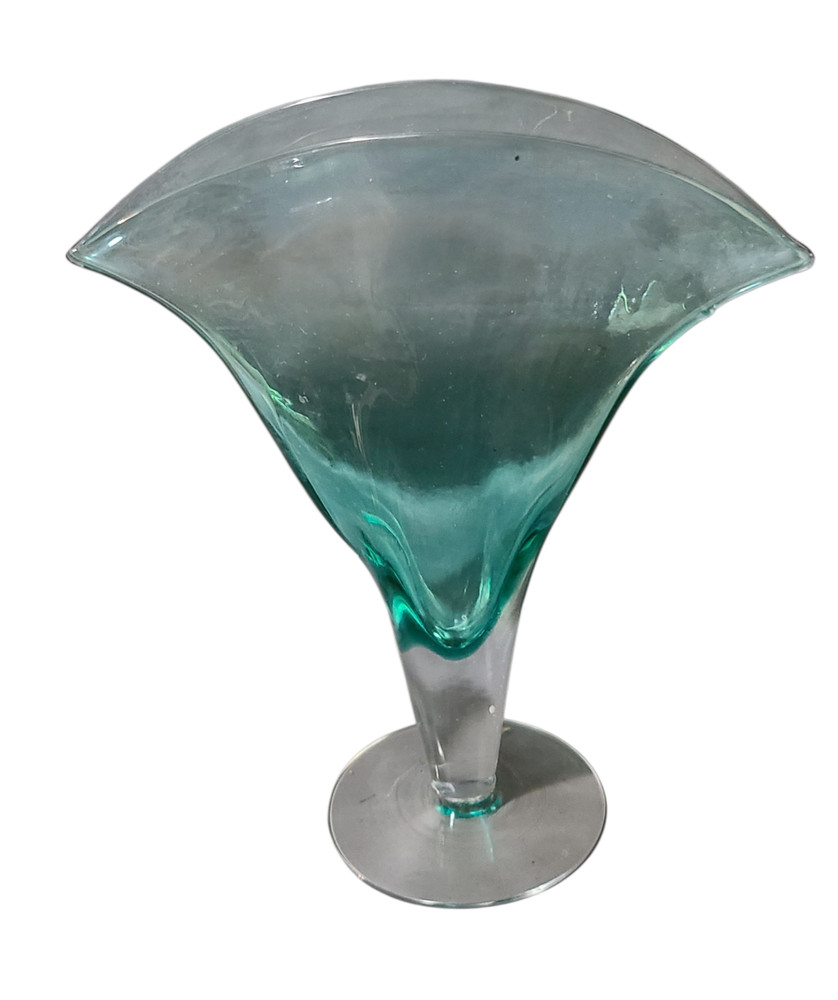 Vintage Mid-Century Modern Attributed Blenko Art Glass Blue Teal Fan Vase