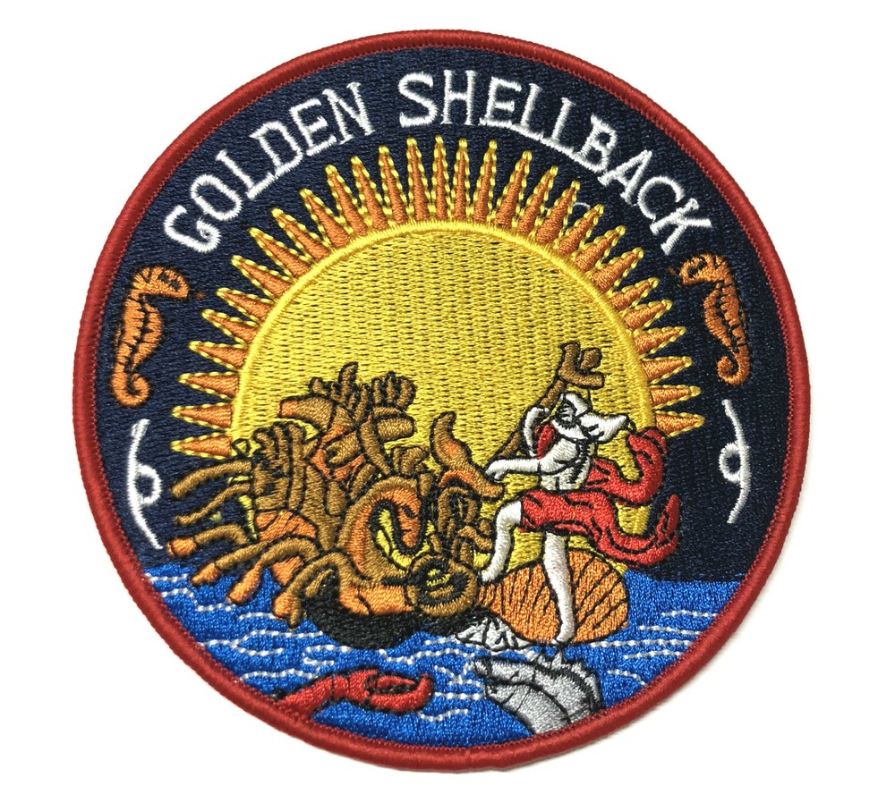 Golden Shellback Patch Embroidered Iron-On Applique Navy Biker Emblem Tactical