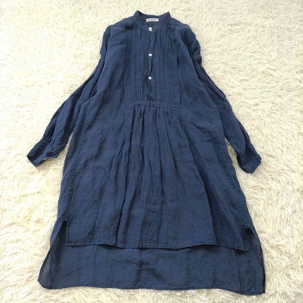 Veritecoeur Linen One Piece Dress Gathered Indigo Relaxed Fit New
