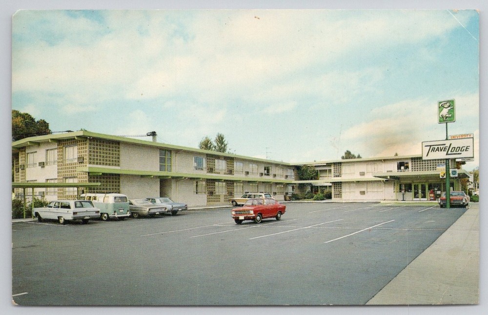 Vintage University Travelodge Seattle WA Postcard 1960s Motel Cars