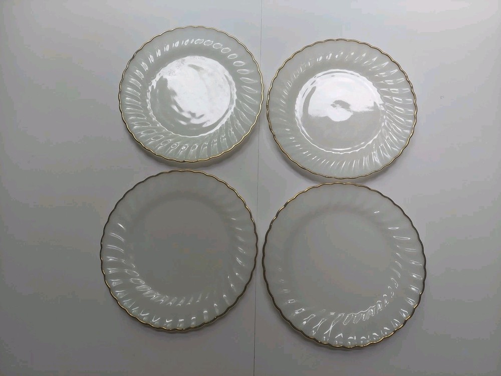 4 Vintage Fire-King White Swirl Dinner Plates 10” Milk Glass Gold Trim USA