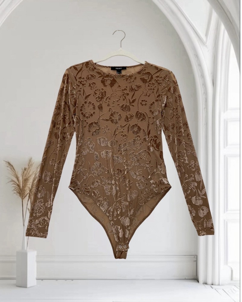 Womens Sheer Floral Velvet Burnout Bodysuit Top Size Small Romantic Glam Goth
