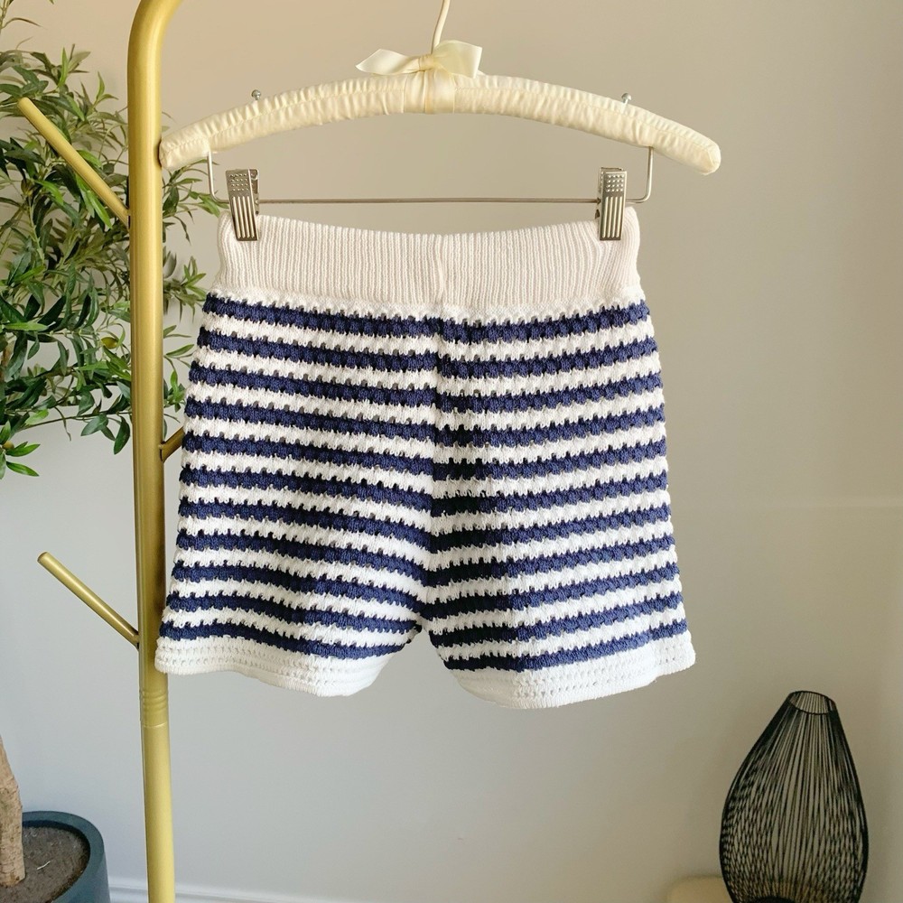ZARA Knit Shorts Blue White Striped High Waist Cozy S