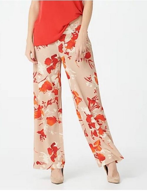 Isaac Mizrahi Linen Tan Tall Floral Printed Pebble Knit Wide Leg Pants New