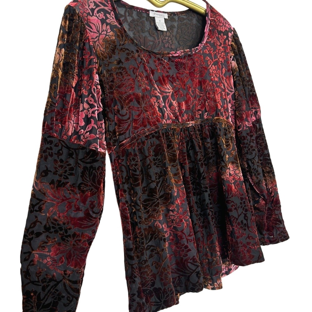 Velvet Burnout Top Women 1X Burgundy Floral Babydoll Whimsigoth Goth Dark Fairy