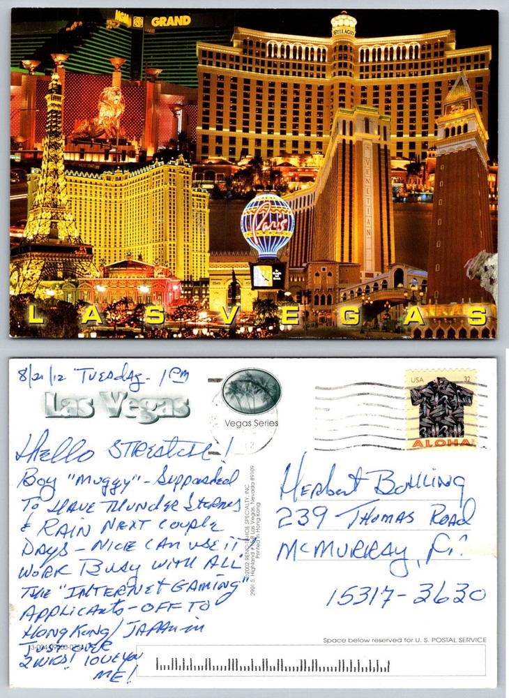 2012 Las Vegas Strip Night View Postcard - Bellagio, Venetian, Paris, MGM Grand