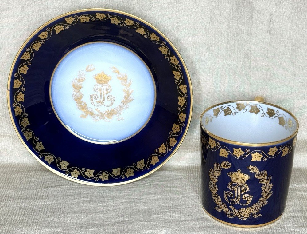 Antique French Sevres Chateau Des Tuileries Louis Philippe Cobalt Cup Saucer Set