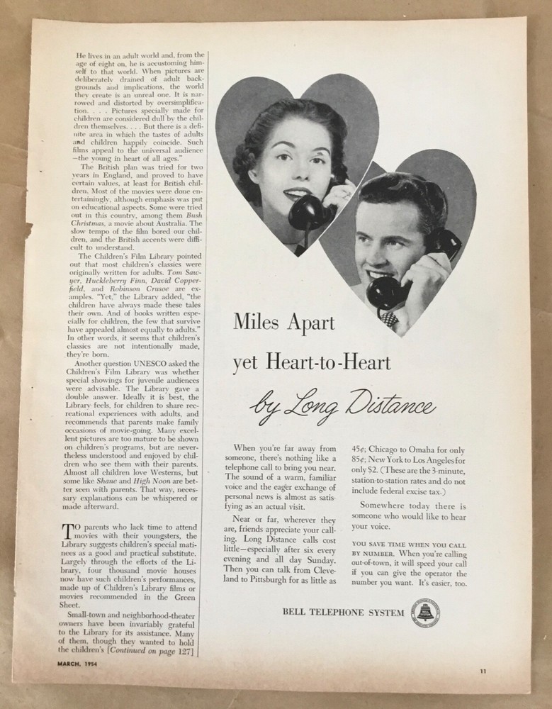 Bell telephone print ad 1954 original vintage 1950s retro art illus Heart couple