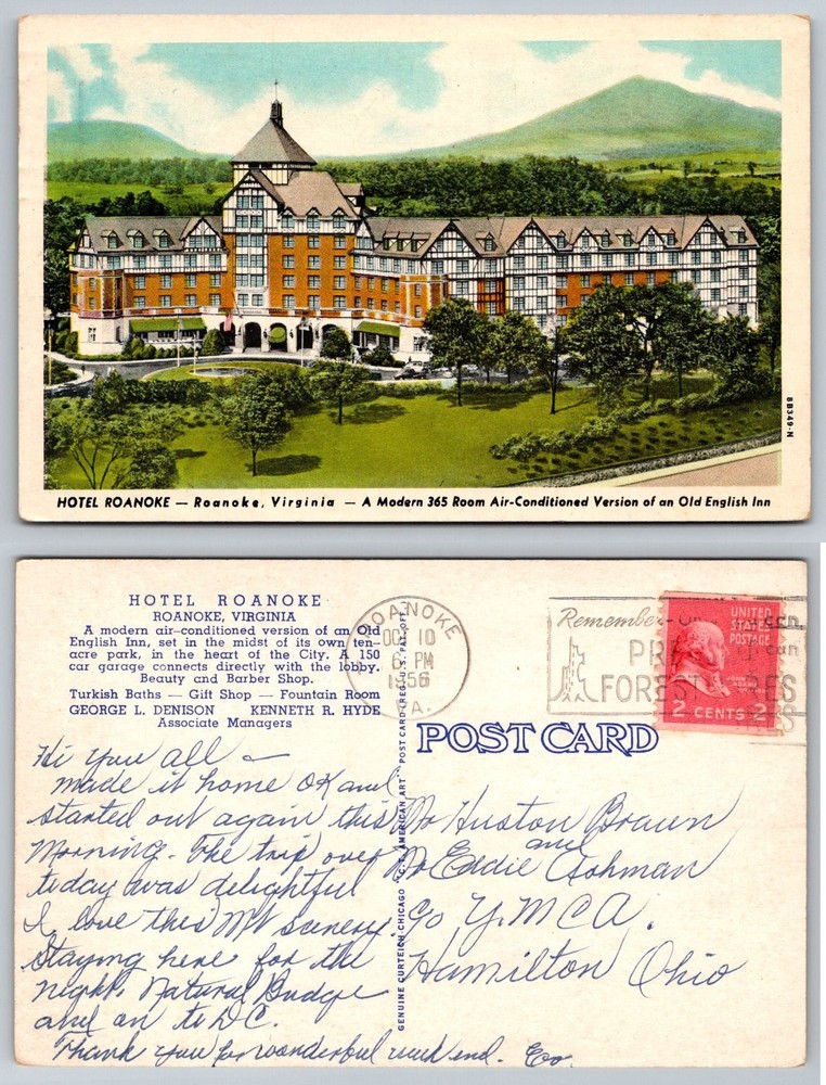 Hotel Roanoke Virginia 1956 Postcard Curteich Old English Inn Tudor Architecture
