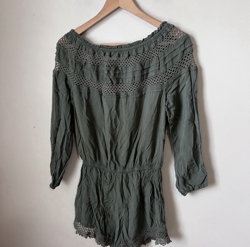 Chelsea and Violet Boho And Lace Romper Olive Green Size medium.