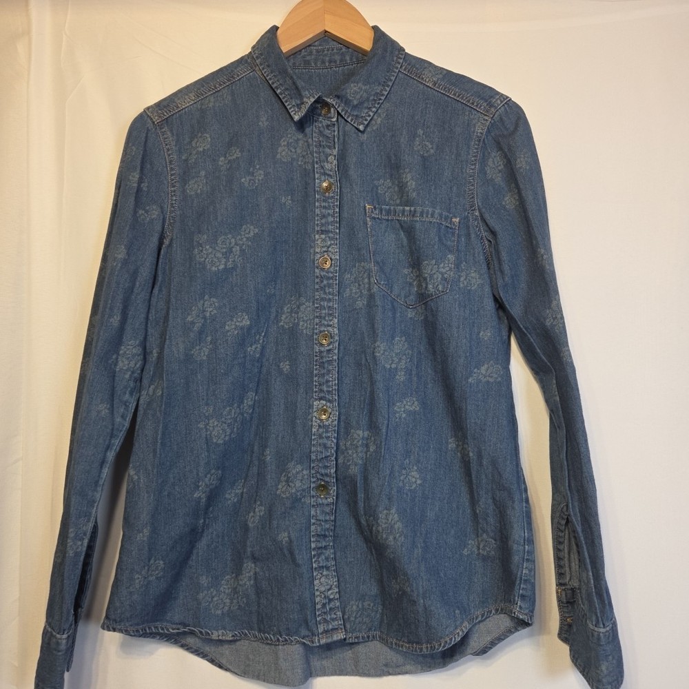 Bullhead Black Floral Chambray Denim Button Up Shirt Women’s M Medium