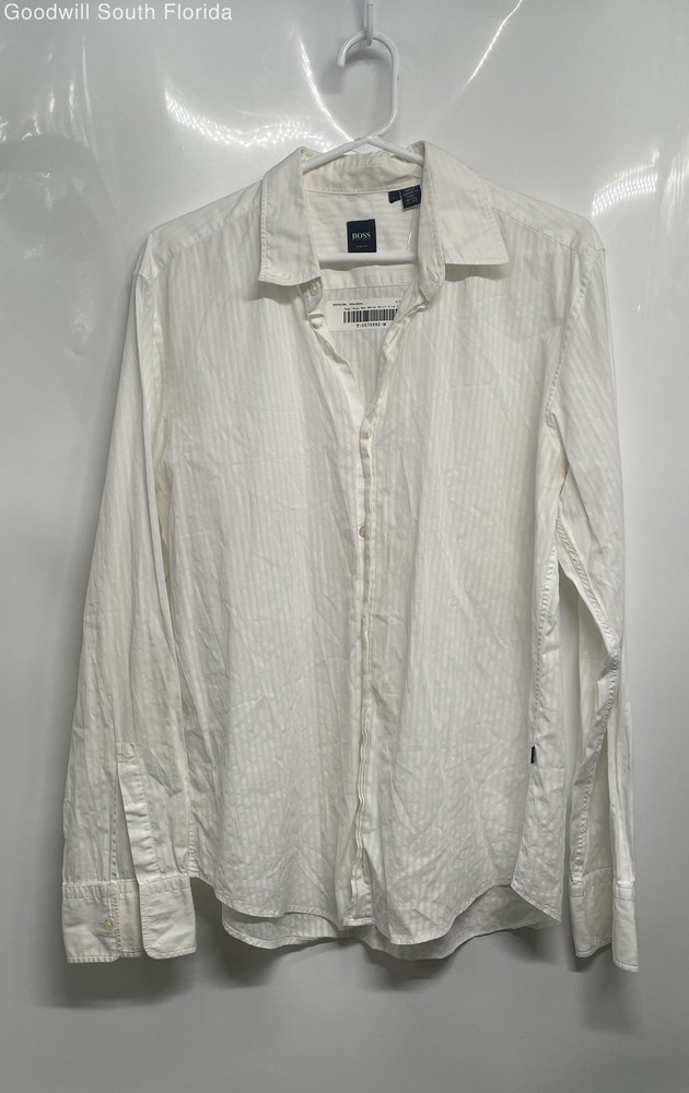 Boss Hugo Boss Mens White Striped Long Sleeve Slim Fit Button-Up Shirt Size L
