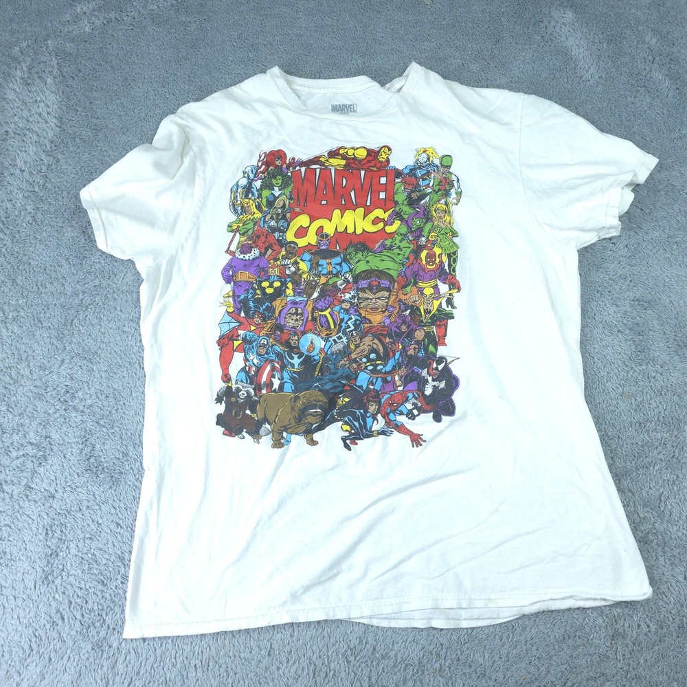Marvel Comics Shirt Mens Large White Superhero Character Collage Graphic Tee