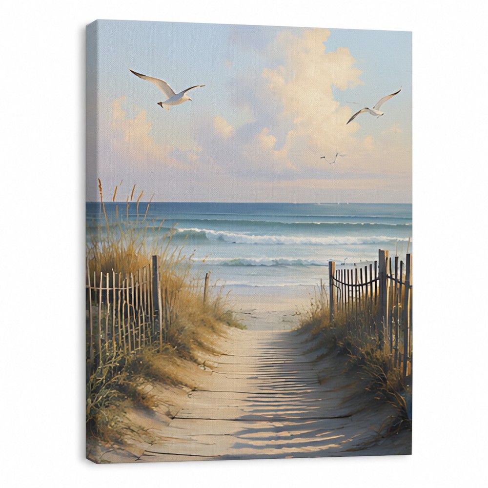 Custom Beach Canvas, Boardwalk Path, Ocean Seagull Art, Gift