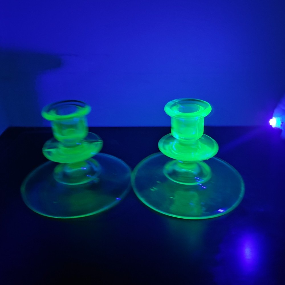 2ct Vintage Green Uranium Depression Glass Candle Stick Holders Glows!