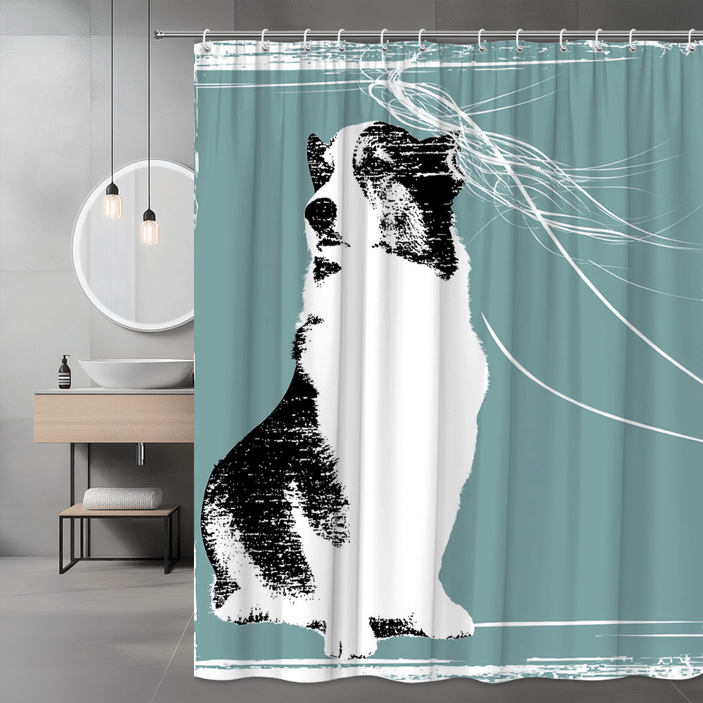 Black White Cat Shower Curtain Teal Background Graphic Print