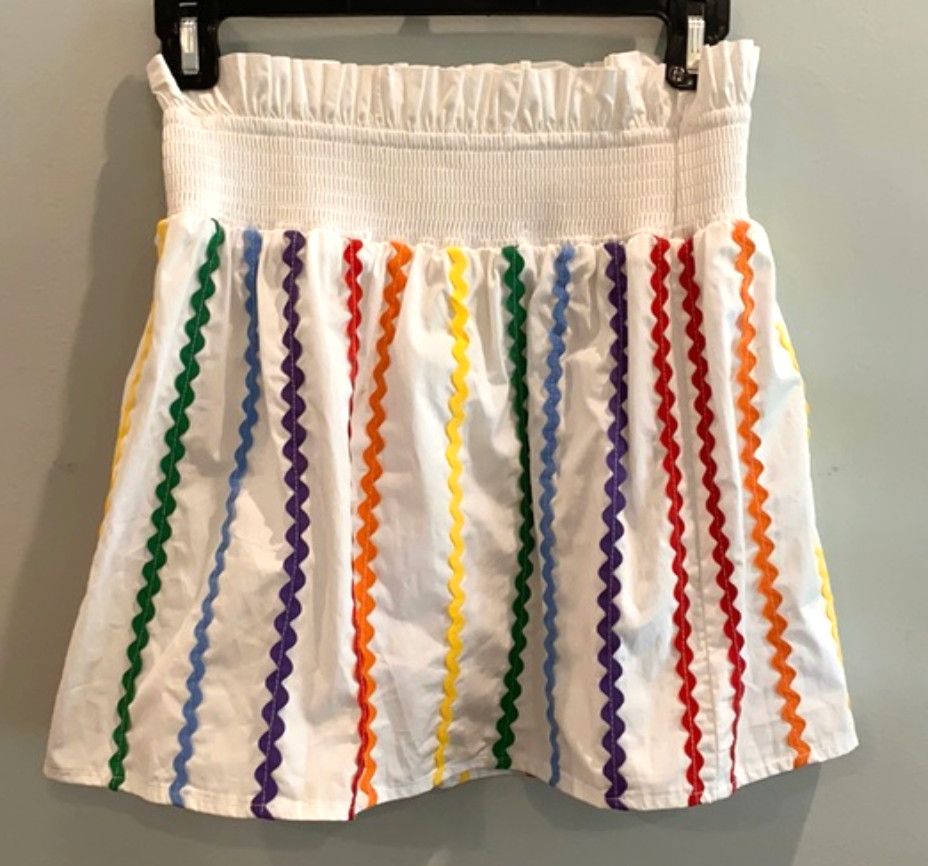 NWT ENGLISH FACTORY White RAINBOW RIK RAK PATTERN Twill A-LINE MINI Skirt Sz S