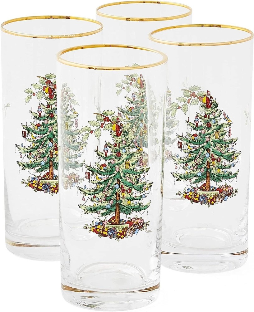Spode Christmas Tree 15oz Highball Glasses, Set of 4 - Gold-Rimmed