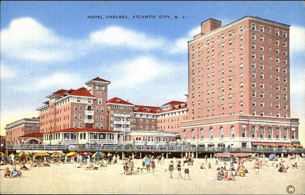 Hotel Chelsea Atlantic City New Jersey NJ beach scene umbrellas 1940s