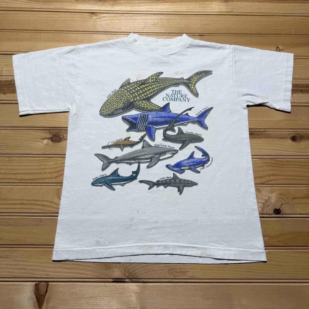Vintage 90s The Nature Company Shark Species Graphic T-Shirt USA Youth Medium 34