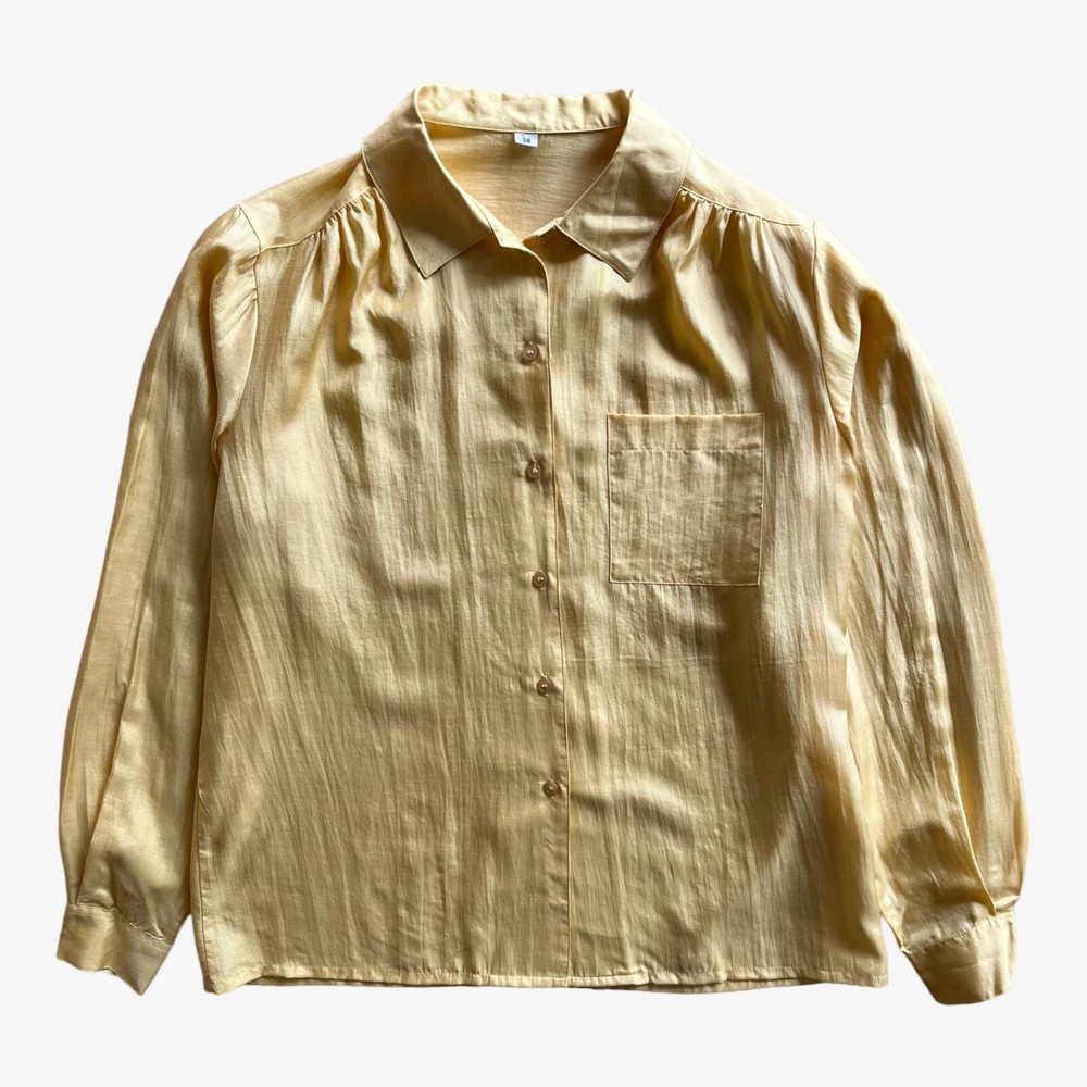 Vintage 80s Yellow Silk Long Sleeve Blouse for Women