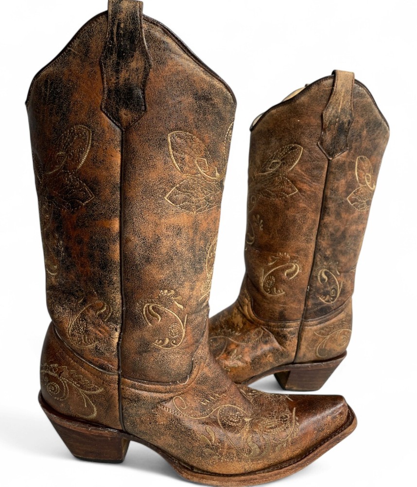 Corral Circle G L5001 Brown Dragonfly Snip Toe Leather Western Boots Women's 8.5