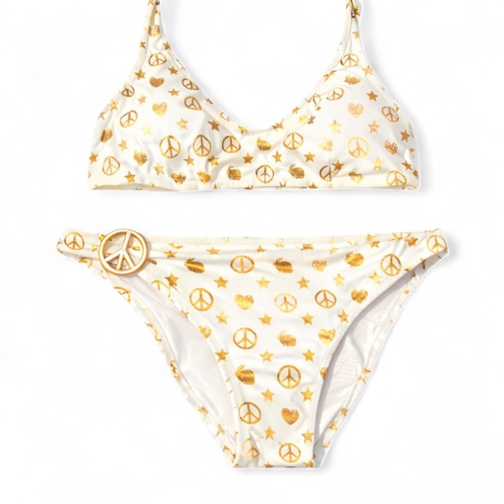 VTG Victoria’s Secret Y2K Bikini Set All Over Gold Star Heart Metal Peace Sign M