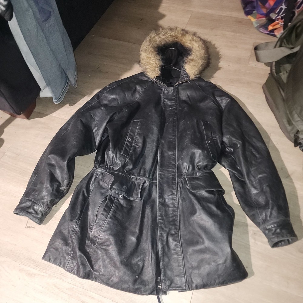 Vintage WILSONS Black Leather Coat With Lining & Removeable Hood Women's Size M