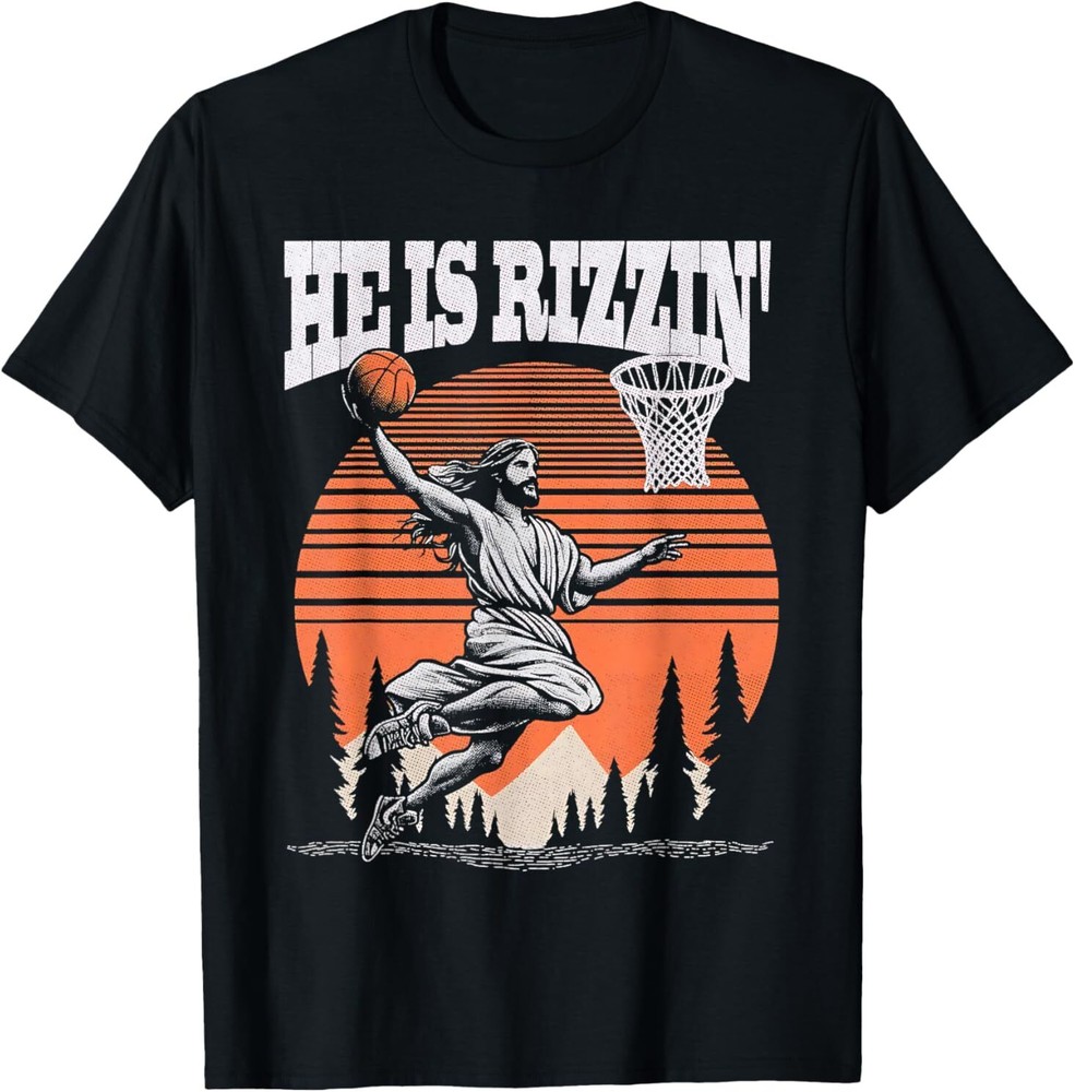 Rizzin Funny Jesus Basketball Easter Christian Tee for Men Boys