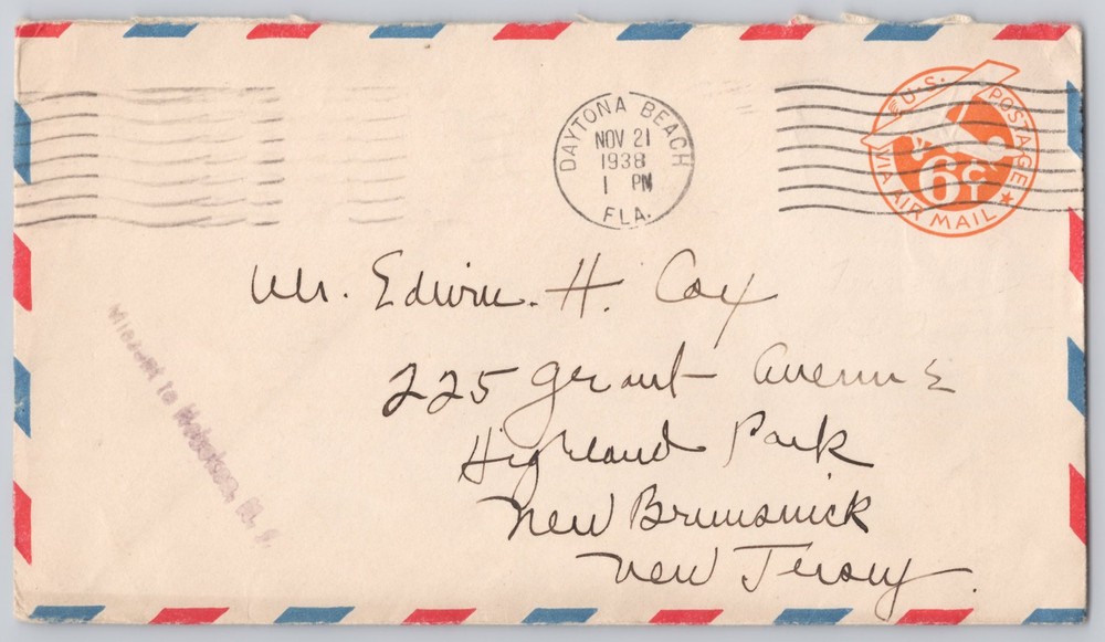 Daytona Beach, FL airmail cover to Hoboken, NJ 1938 Daytona Beach