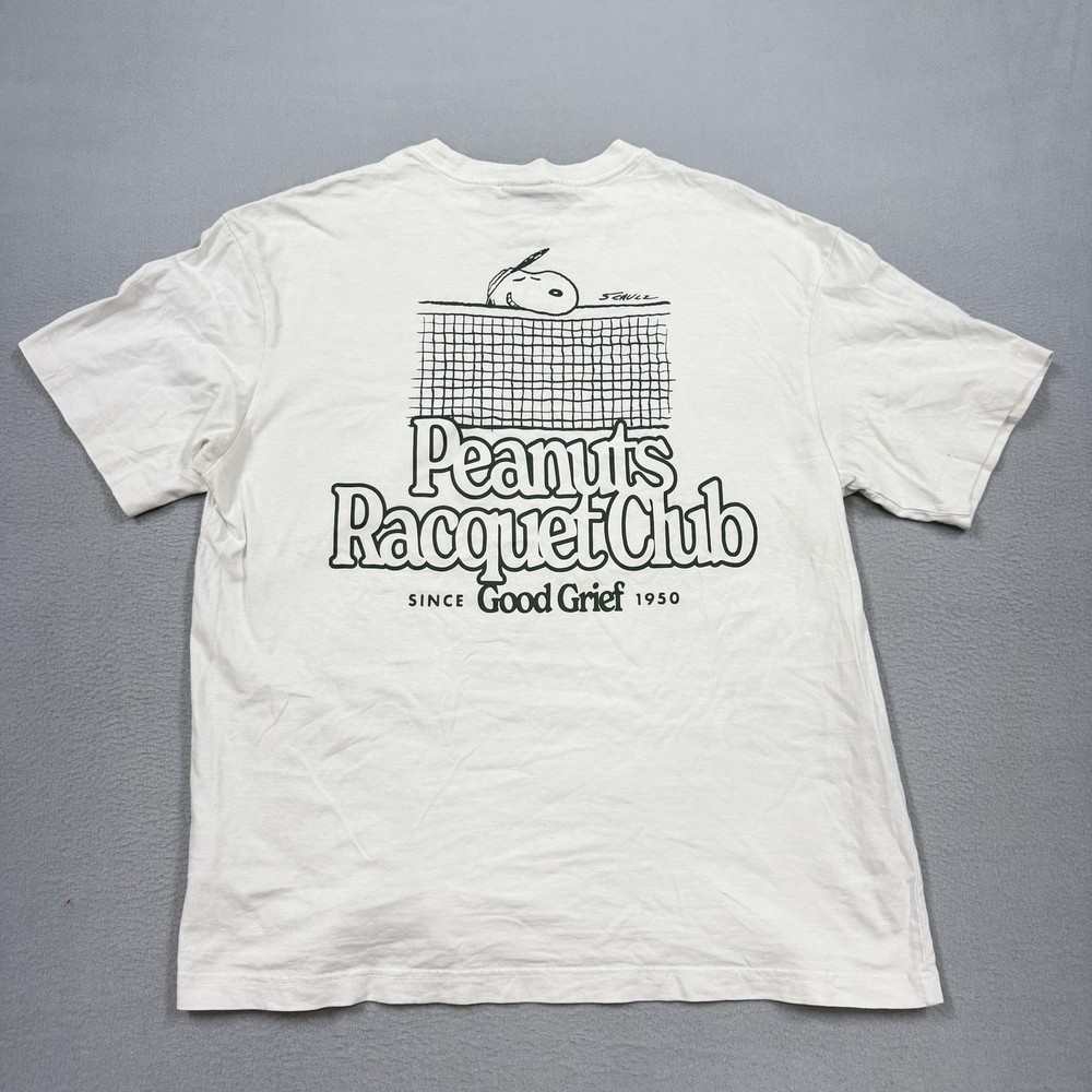 Peanuts Snoopy Racquet Club Tennis Shirt Mens Large White Graphic Tee Cartoon