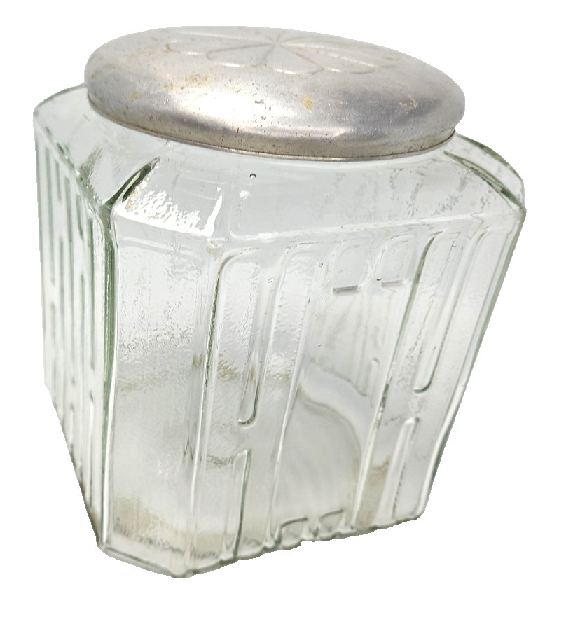 Vintage Hoosier Cabinet Glass Jar H Pattern Sugar Cookie Canister Flower Tin Lid