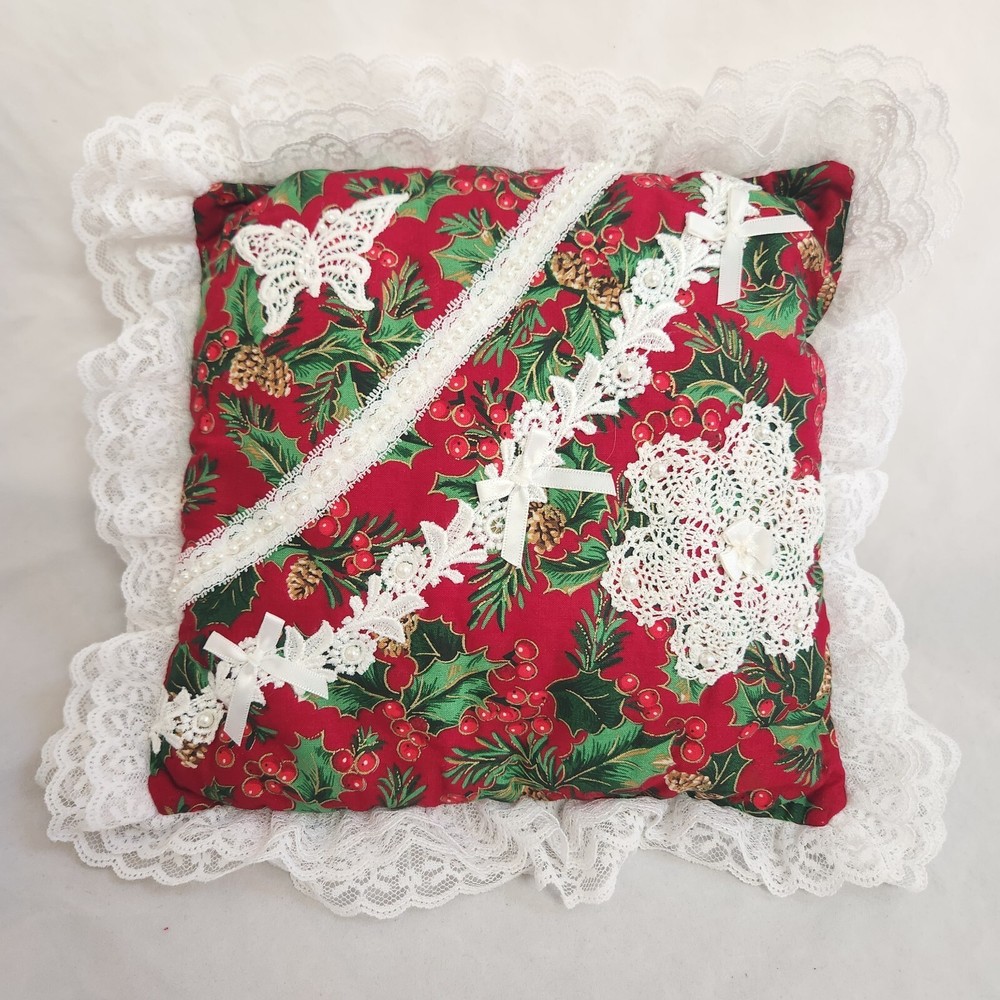 Holly Berry Pinecone Christmas Accent Pillow Holiday Butterfly Ruffle Lace Throw-image