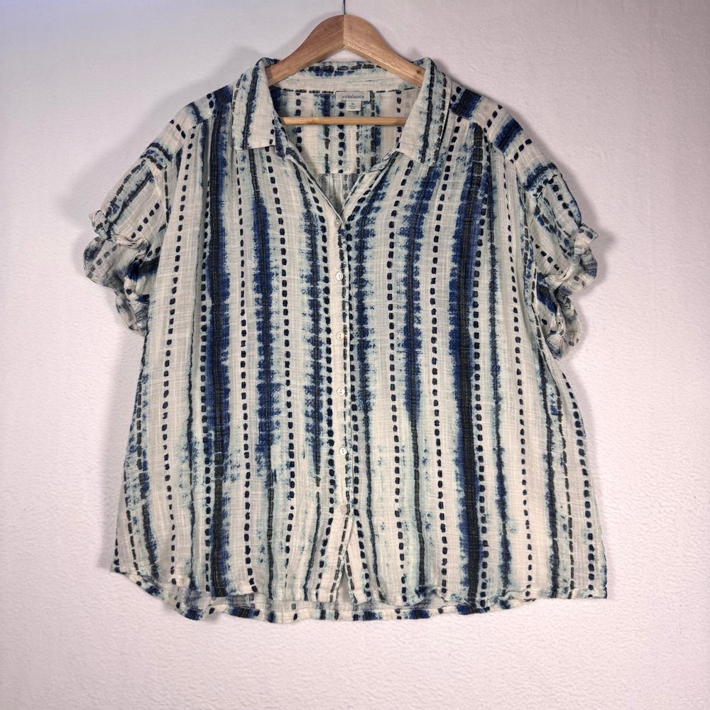 Sundance Tops Womens Collared Button Front Shirt Boho Artsy White Blue Casual XL