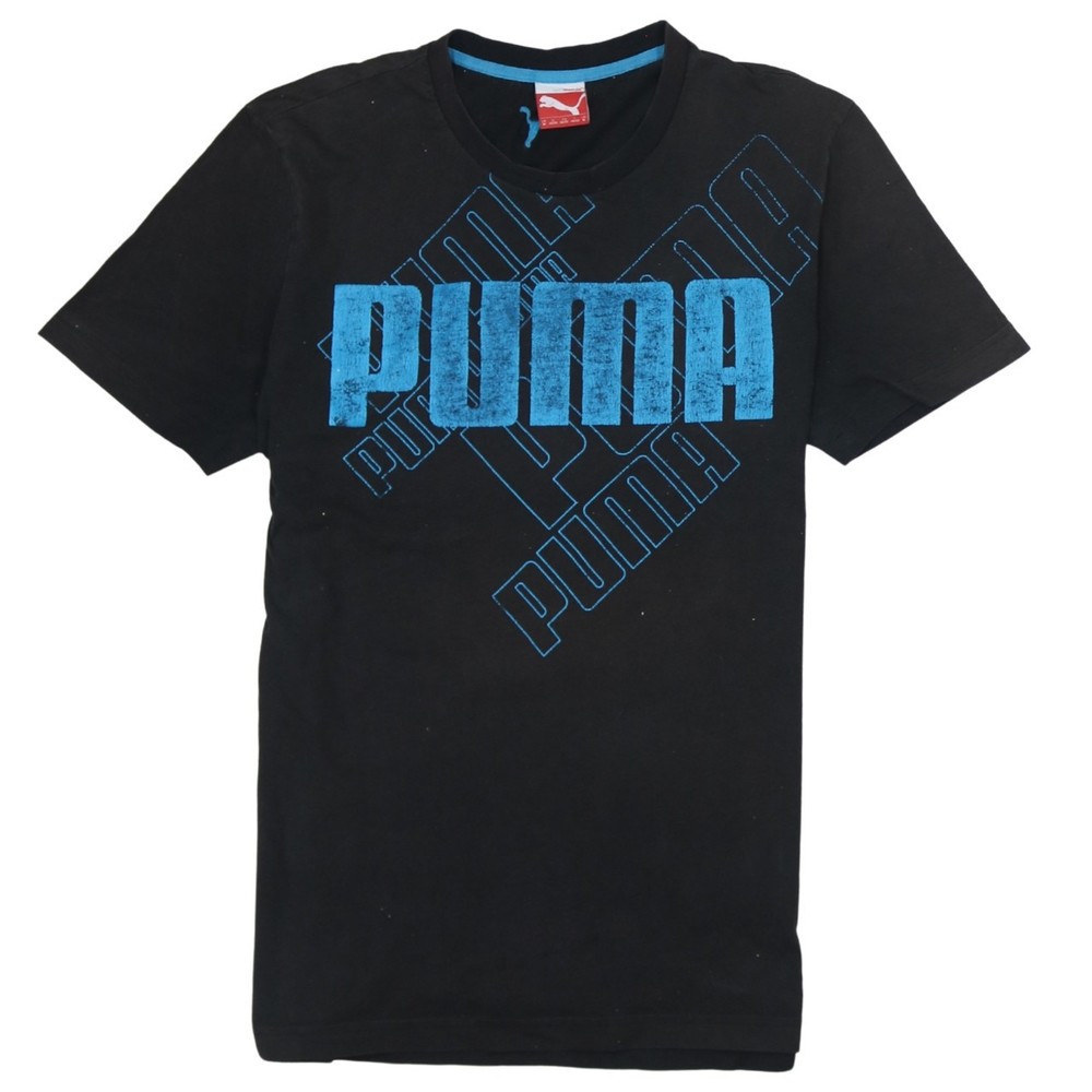 Puma Womens T Shirt Black Cotton Jersey Relaxed Fit Blue Front Logo Sports M