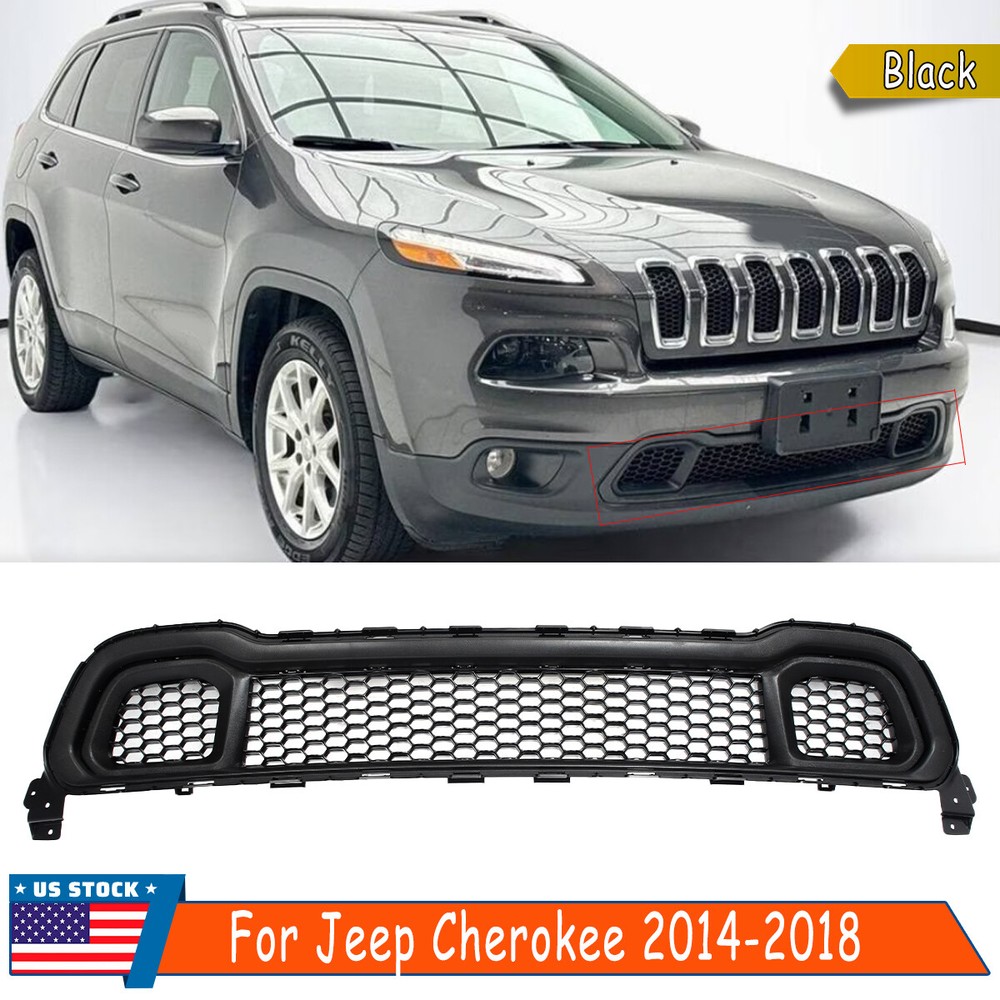 Black For Jeep Cherokee 2014-2018 Front Lower Bumper Cover Grille + Molding Trim