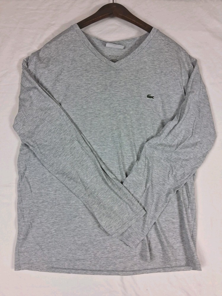 Lacoste Men's Large Gray 100% Pima Cotton V-Neck Long Sleeve T-Shirt Croc Logo L