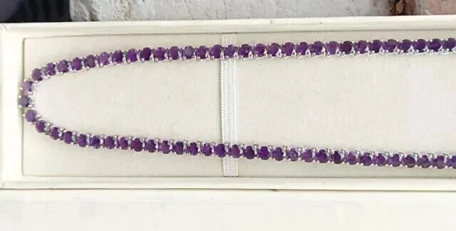 18CT Round Cut Lab Created Amethyst Womens Tennis Necklace 14K WhGold Plated 18”